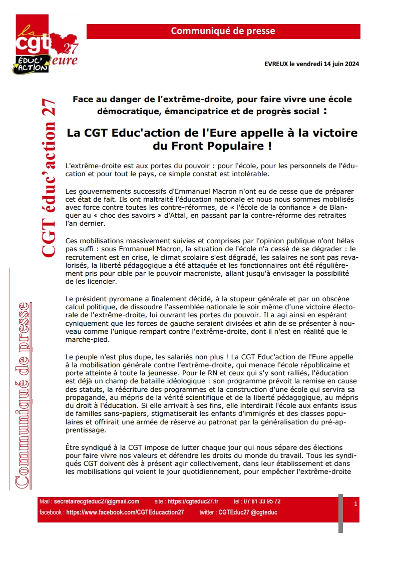 La CGT éduc 27 appelle à faire gagner le Front Populaire !